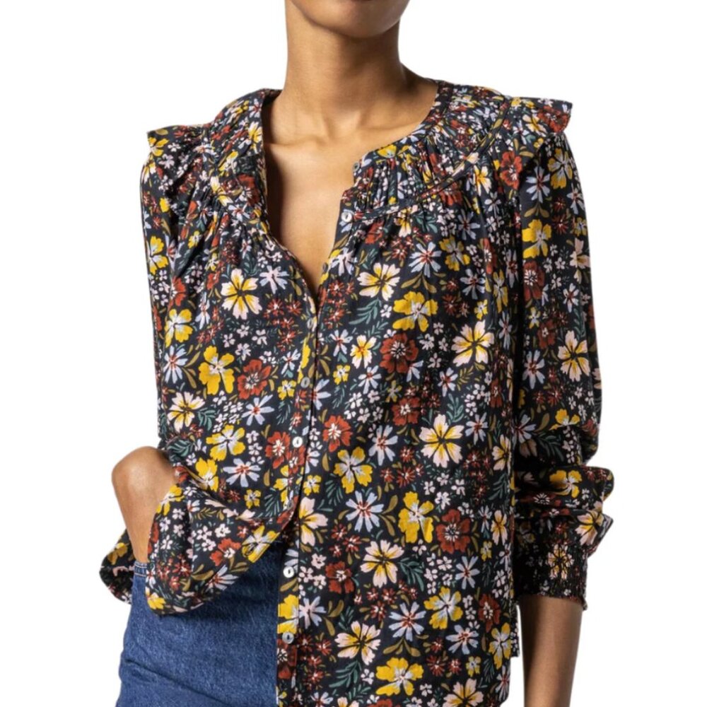 Lilla P Smocked Cuff Top in Black Floral